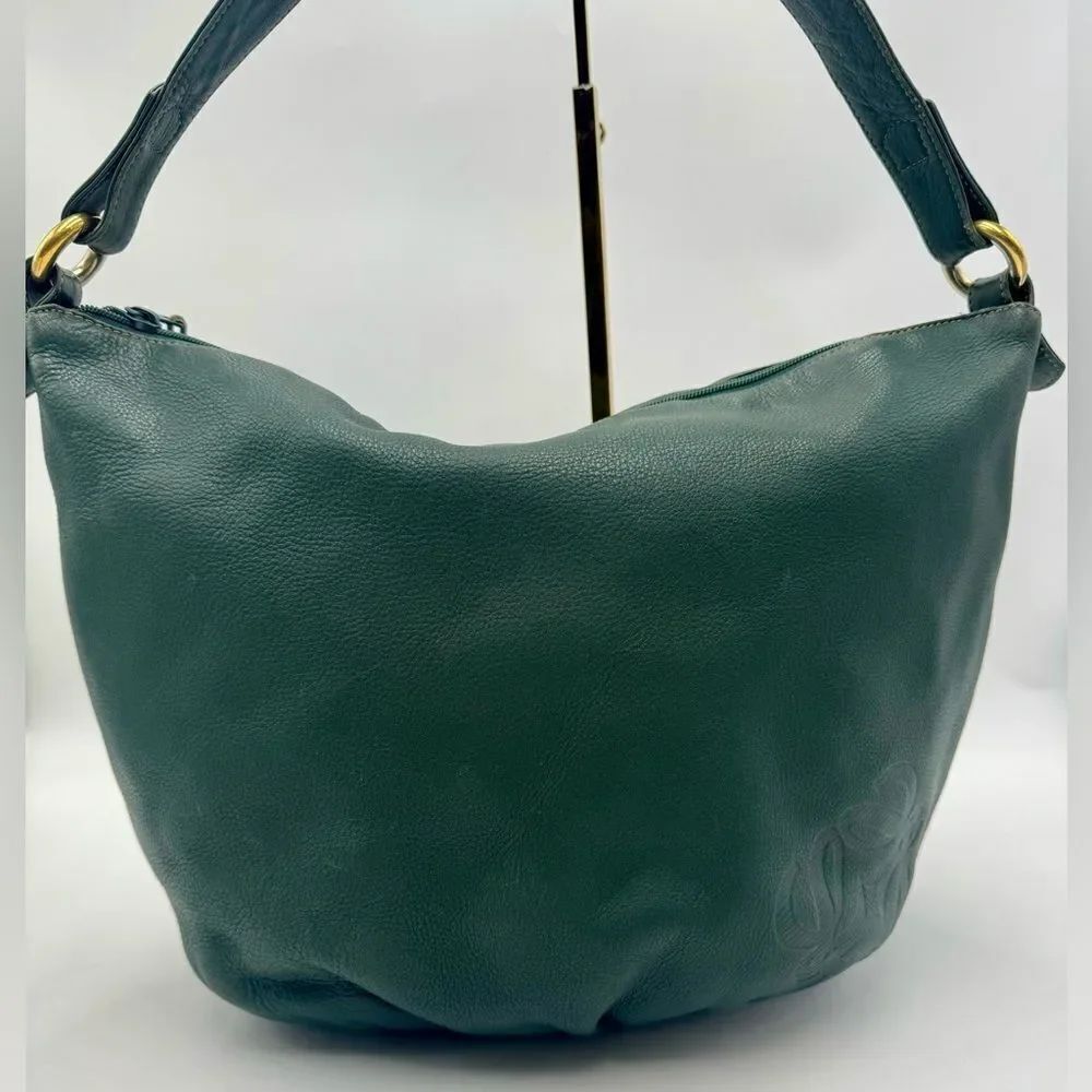 Auth Loewe Green Pebble Grain Leather Anagram Hobo Shoulder Bag Preloved Purse